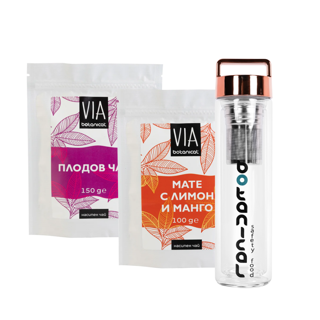 Комплект Плодов чай + Мате с Лимон и Манго +  Стъклена бутилка с инфузер