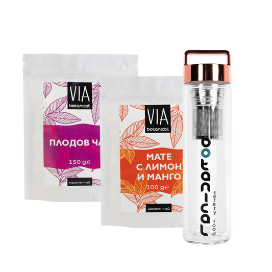 Комплект Плодов чай + Мате с Лимон и Манго +  Стъклена бутилка с инфузер