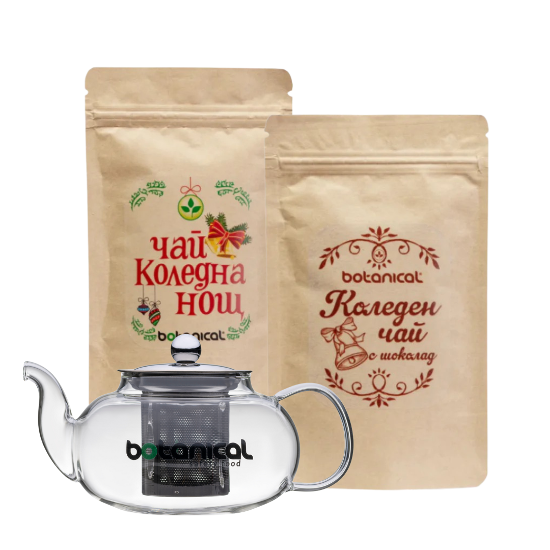 Коледен комплект: Два чая + стъклен чайник с инфузер