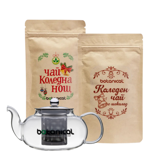 Коледен комплект: Два чая + стъклен чайник с инфузер